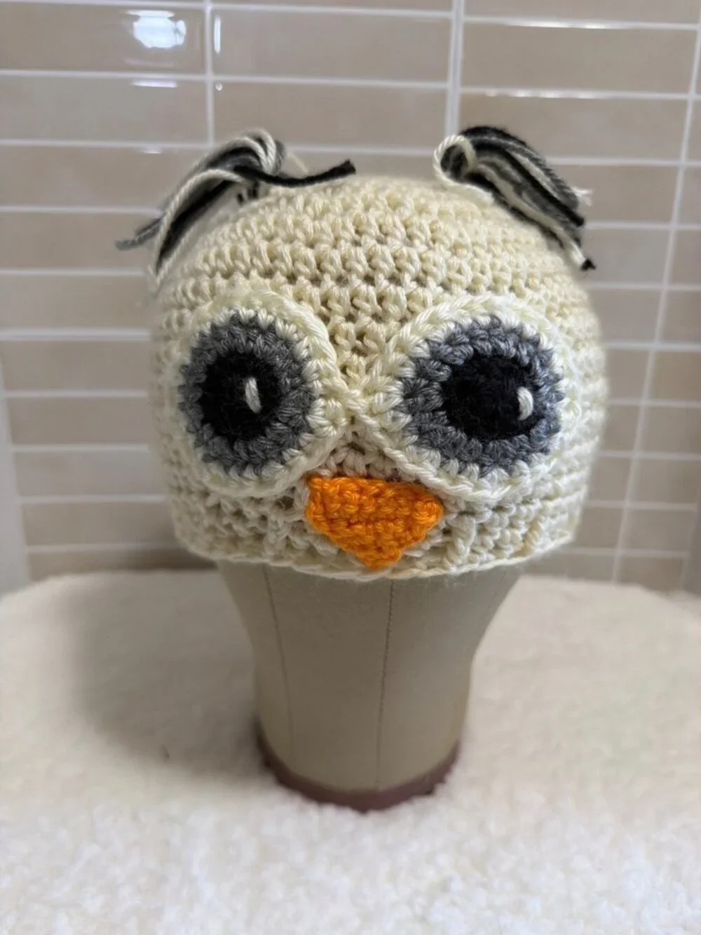 Handmade Crochet Owl Hat Cream with Gray Ear Tufts & Large Detailed Eyes